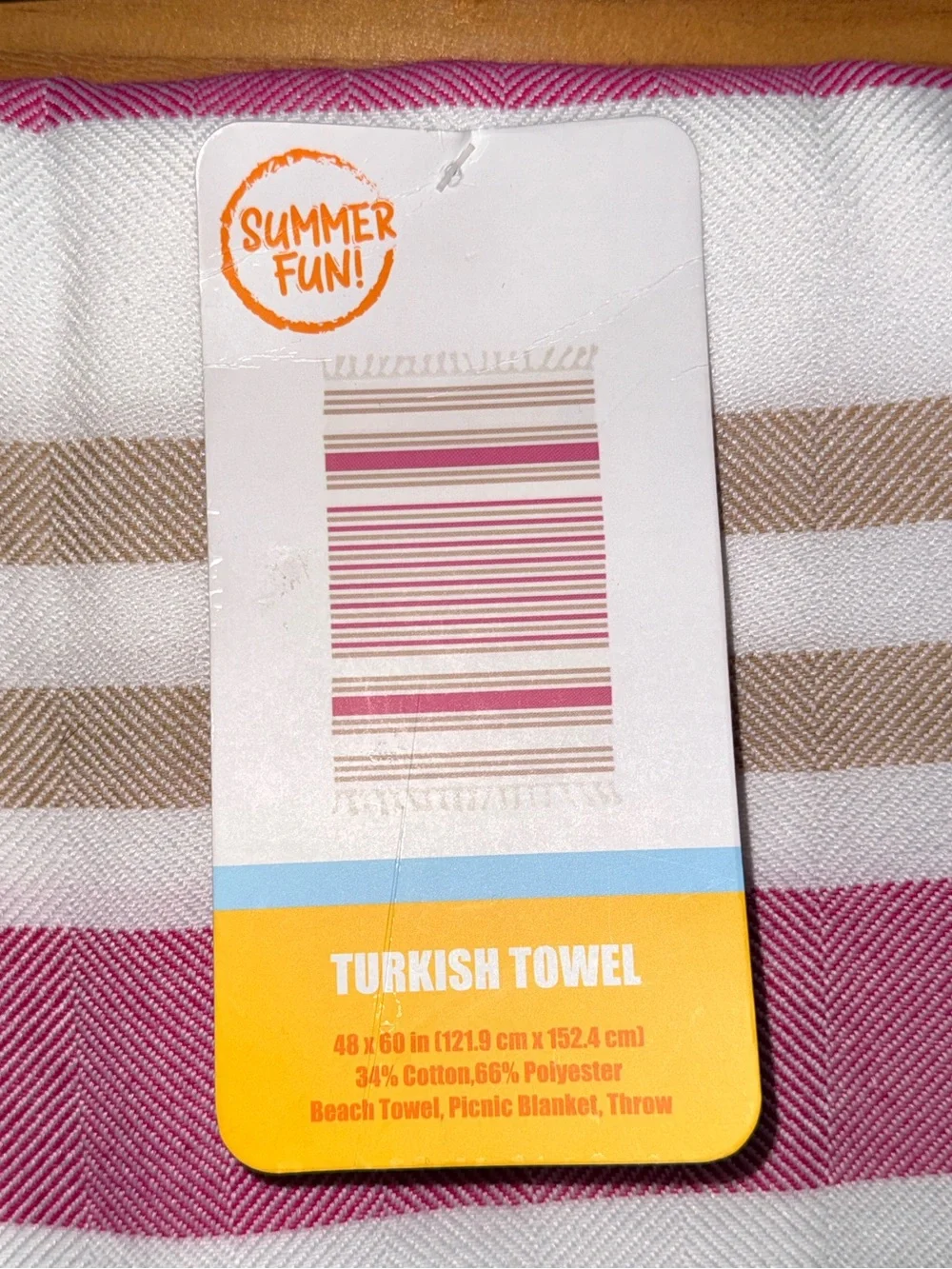 NWT Striped Turkish Towel in Cream, Tan & Pink with Tassels-40”x60”